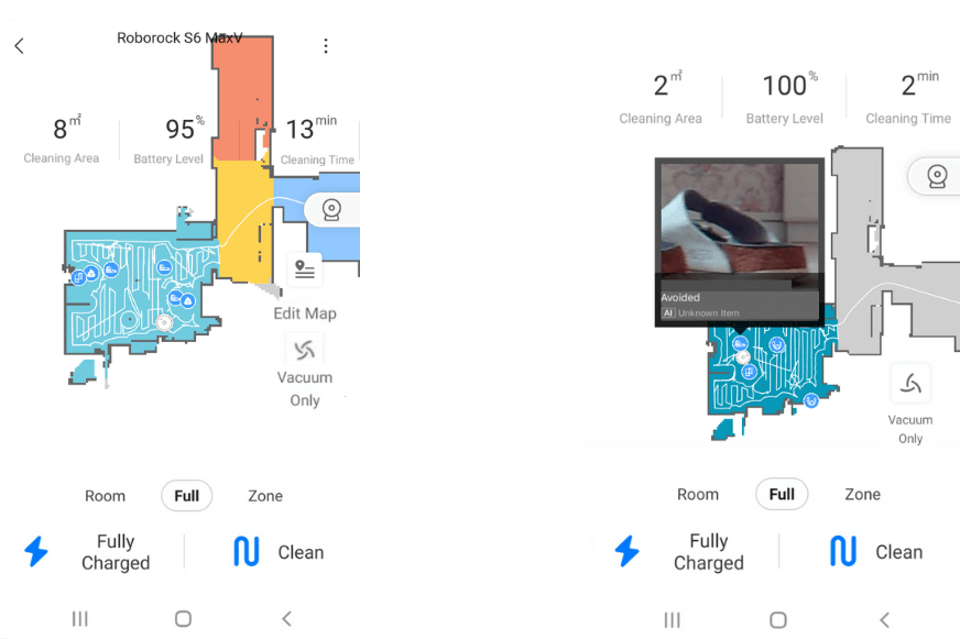 It displays detected obstacles live on the map in the app during its cleaning trip.